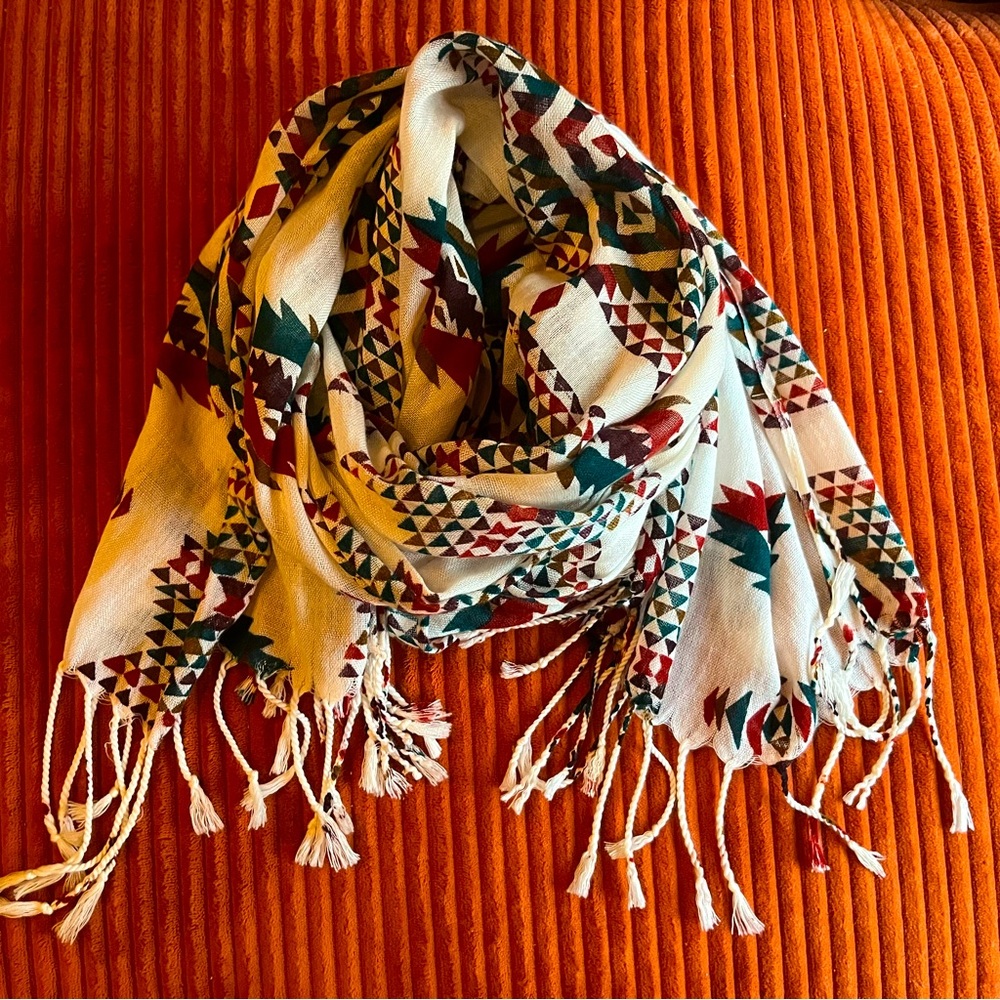 Vintage Southwest Fringed Sheer Patterned Y2K Scarf